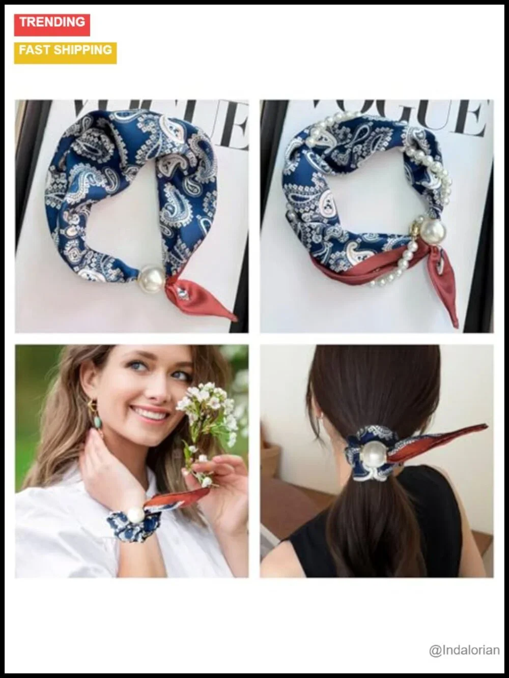 Magnetic Pearl Scarf Satin Silk Women Fashion Neck Tie Hair Bandana